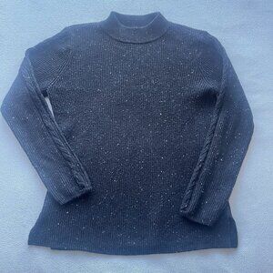 Talbots Sweater Womens Medium Petite Mock Neck Chucnky Ribbed Black Speckled
